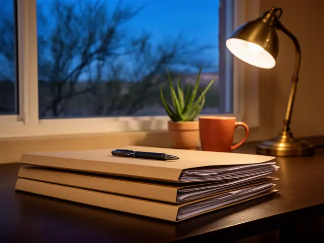 A neat stack of closed manila folders and a pen on a desk by a window.